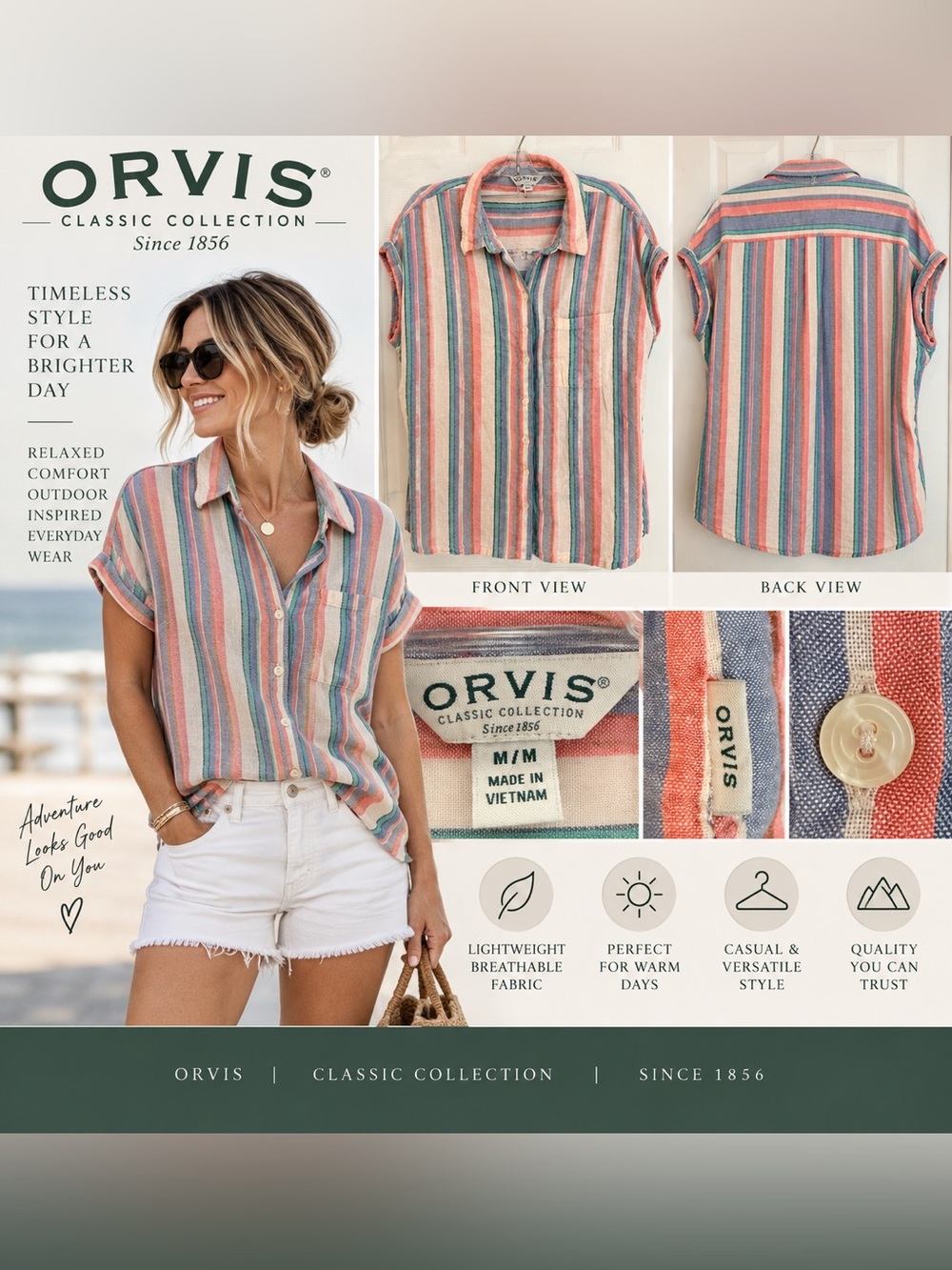 Orvis Striped Short-Sleeve Button-Up Shirt in Coral/Blue